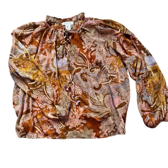 Rachel Zoe Paisley Blouse boho Long Sleeve Blouse Ruffle Neck tassle size medium - Picture 1 of 9